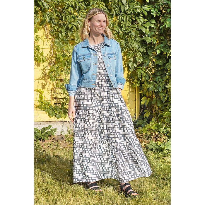 Long Tiered Dress - Morse Code Charcoal Organic Cotton